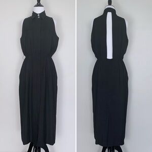 Vintage 90s Black Silk Open Back Sleeveless Shirt Dress Medium